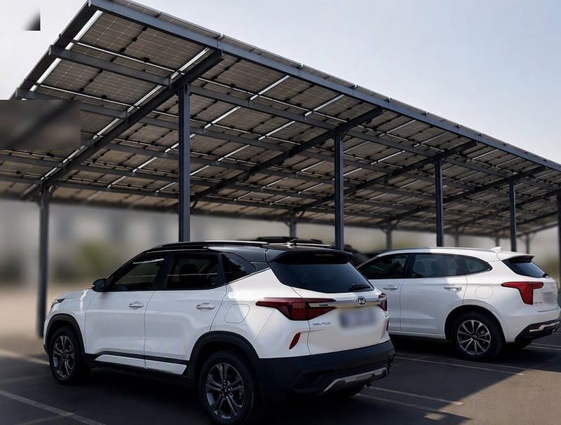 Steel solar car port structure over parking bays